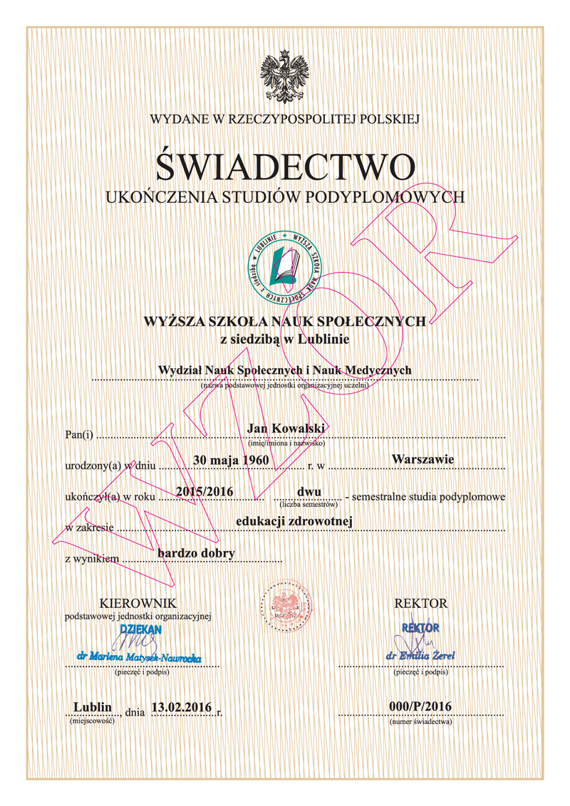 Świadectwo studiów podyplomowych WSNS