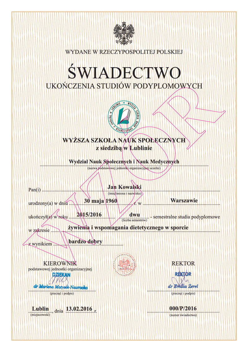 Świadectwo studiów podyplomowych WSNS